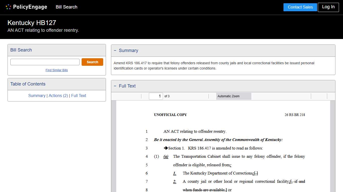 HB127 Kentucky 2026 AN ACT relating to offender reentry. - Legislative Tracking PolicyEngage